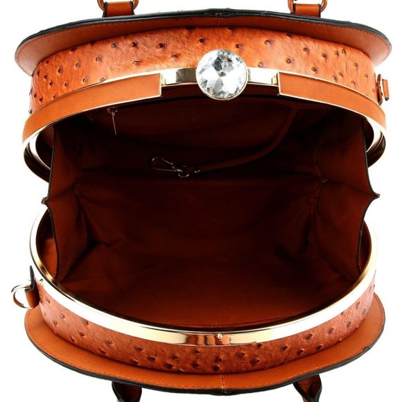 Jewel-Top Ostrich Embossed Handbag - Picture 3 of 4